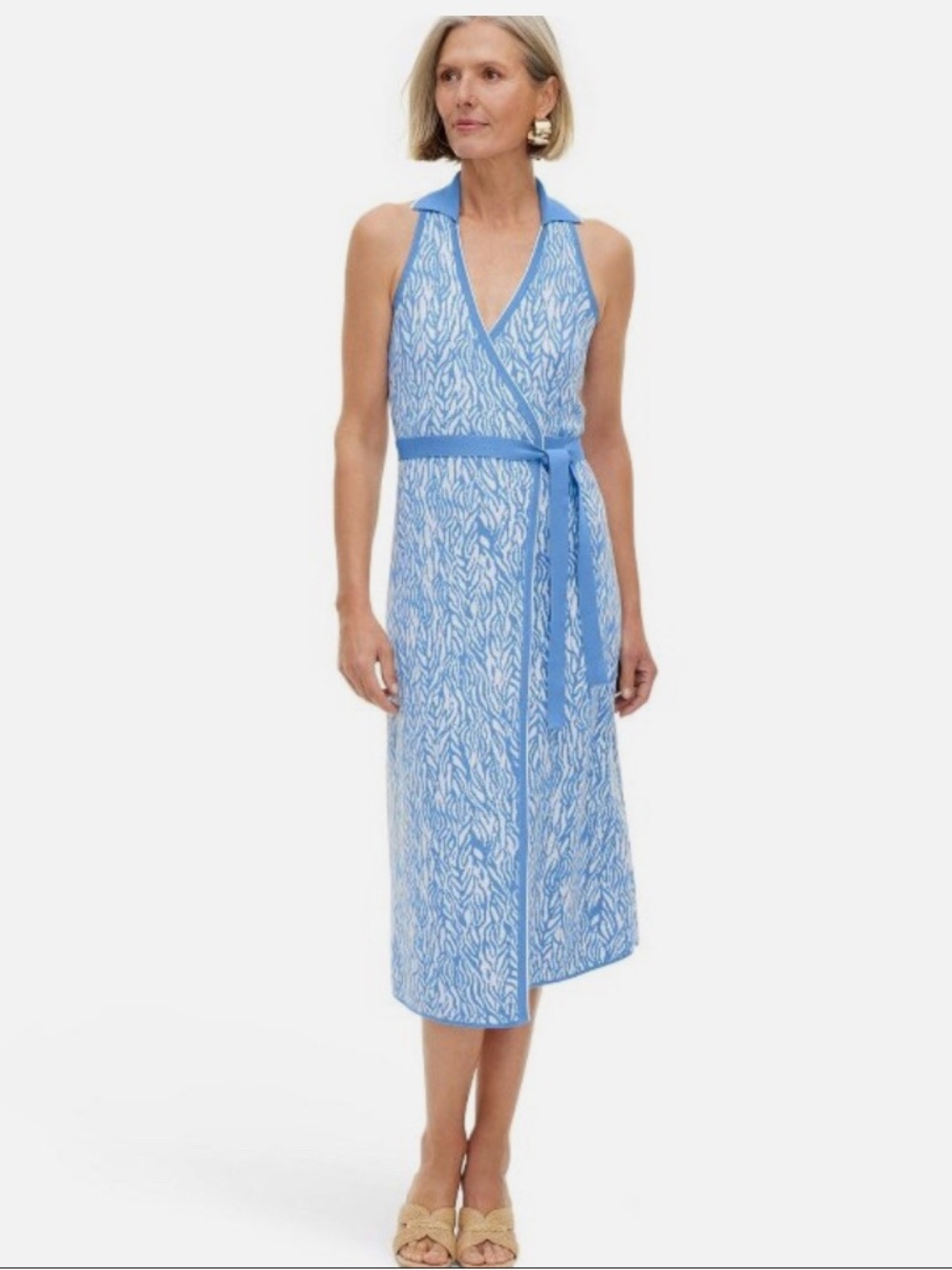DVF Classic Wrap Dress Collared Sleeveless Sea Twig Blue Knit Medium